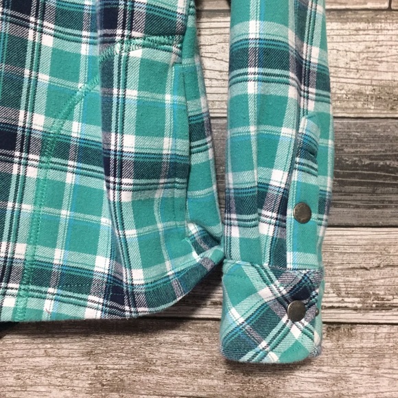 Orvis Fleece Lined Flannel Shirt Jacket Women’s S Blue Green Snap Button - Picture 8 of 8